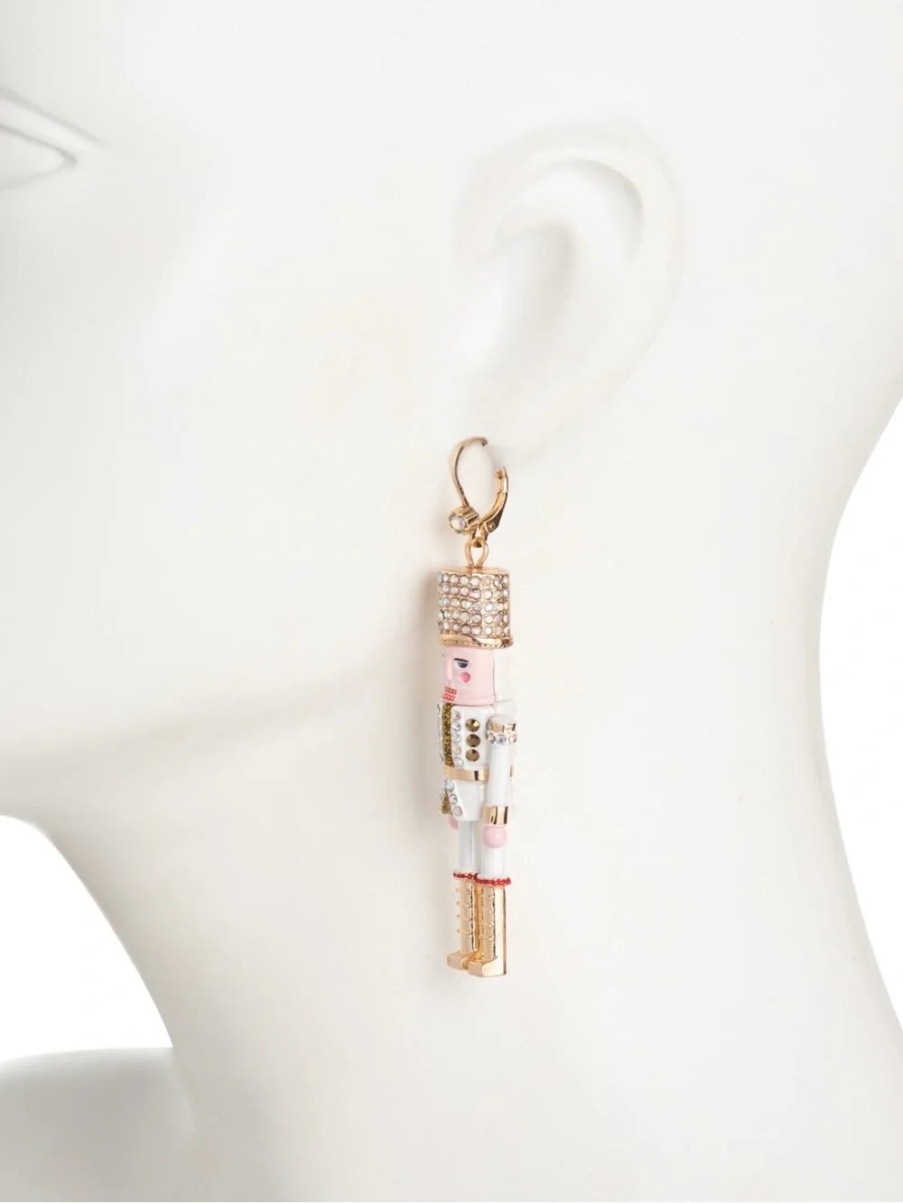 Betsey Johnson White Nutcracker Mismatched Dangle Christmas Earrings Bling Drop